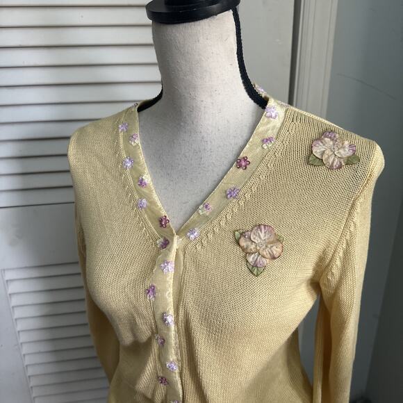 Vintage BIBELOT Sweater Womens Large Yellow Cardigan Floral Retro Dainty Cottage - Picture 2 of 8